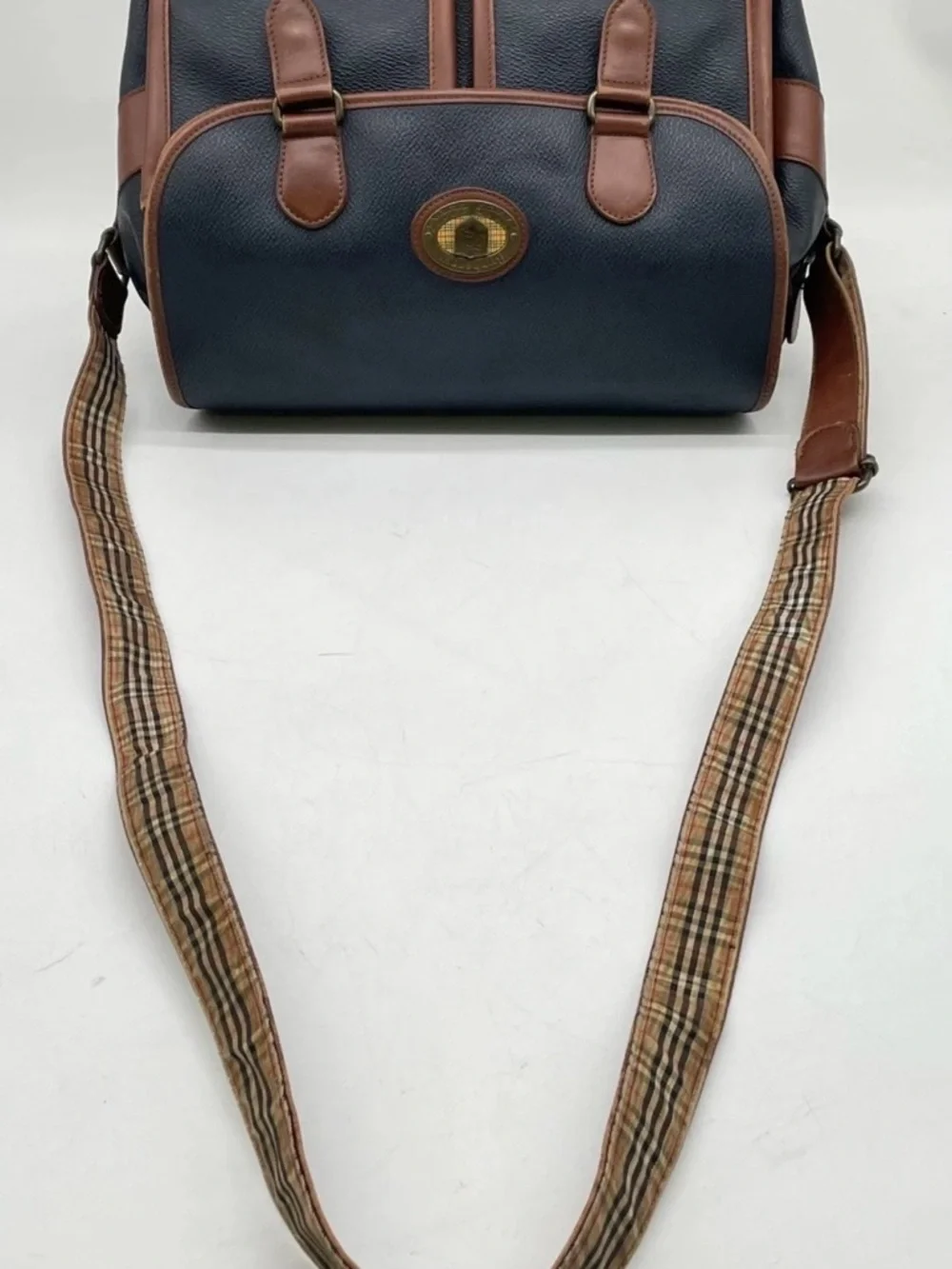 Burberry Navy and Brown Leather Trim Messenger Bag - Picture 2 of 10